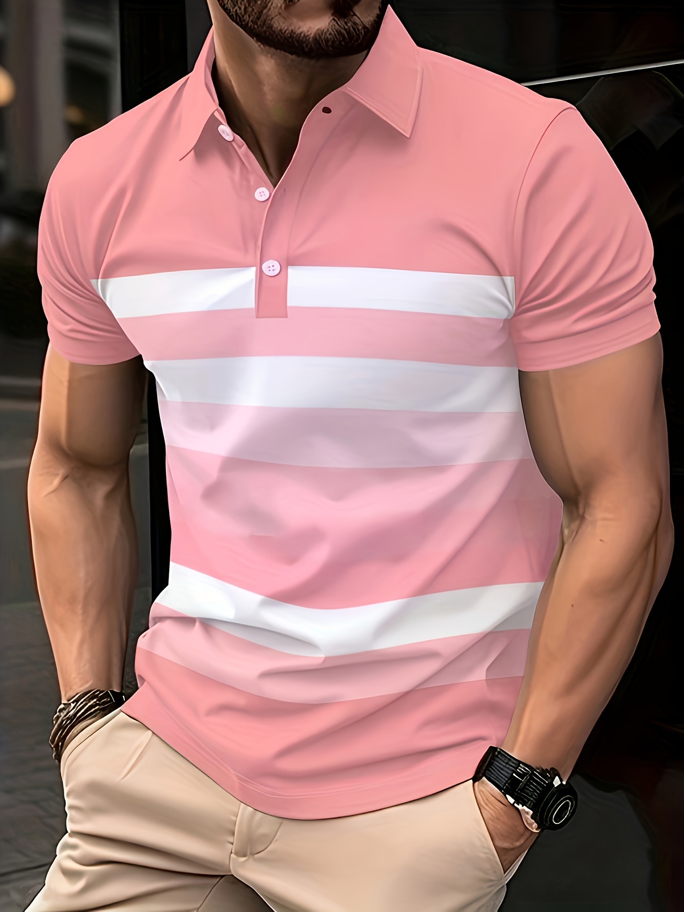 Summer Pink Stripe Printed Men - Men'S Fashion Pink Shirt 评论和价格